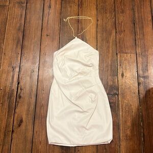 WHITE FAUX LEATHER HALTER NECK MINI DRESS